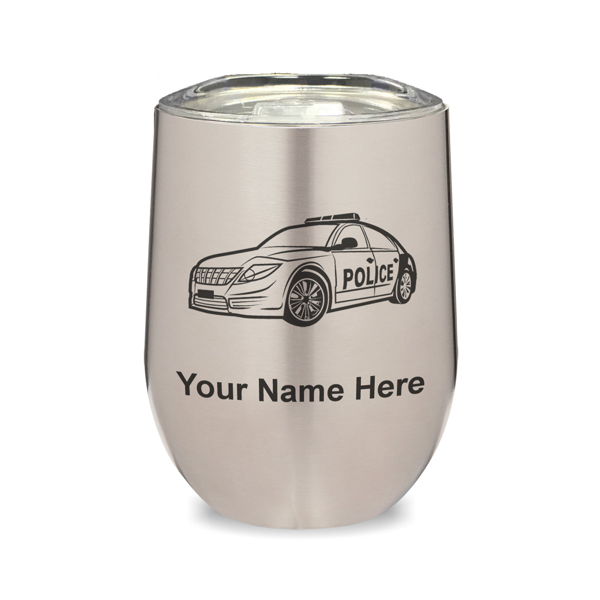 LaserGram Double Wall Stainless Steel Wine Glass, Police Car, Personalized Engraving Included
