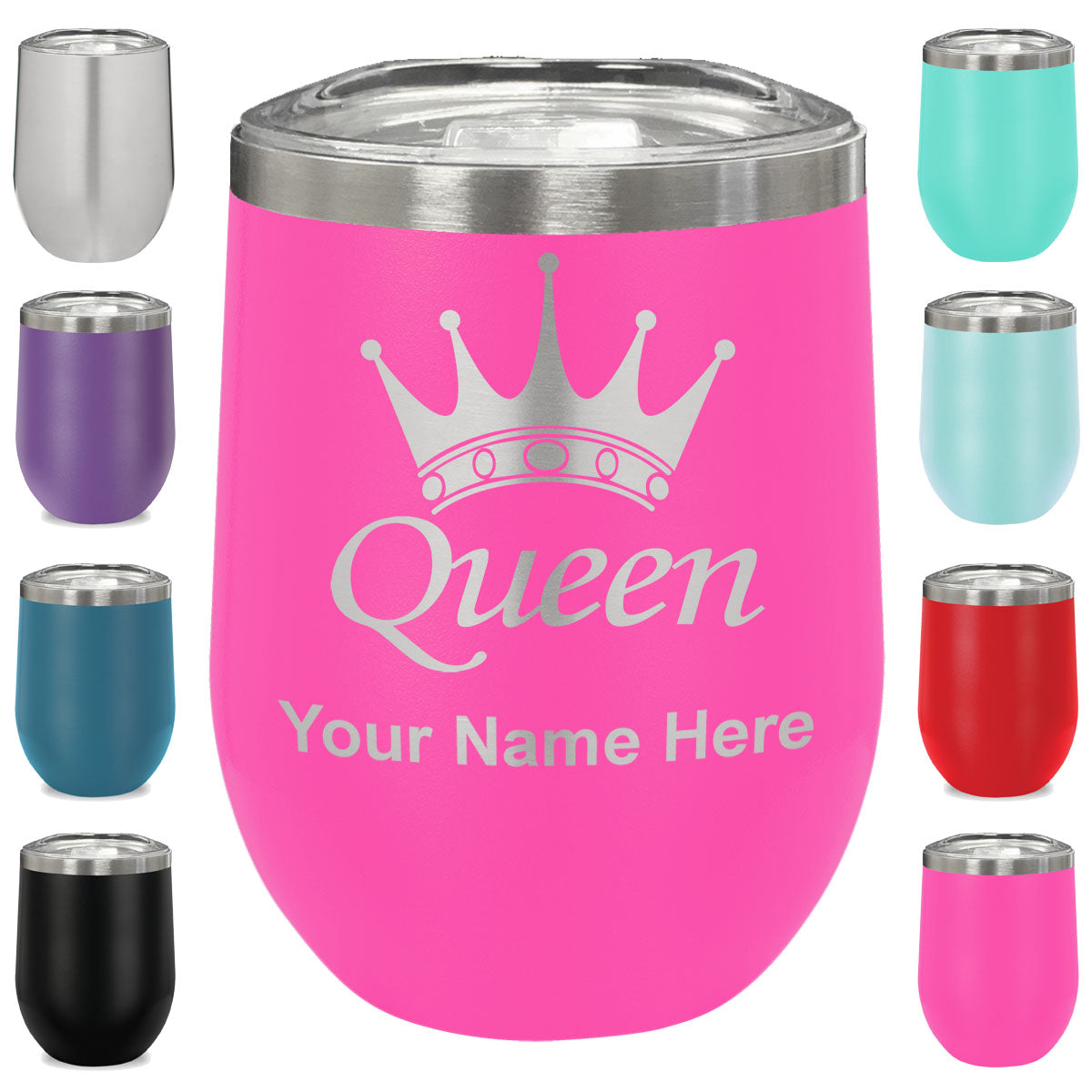 LaserGram Double Wall Stainless Steel Wine Glass, Queen Crown, Personalized Engraving Included