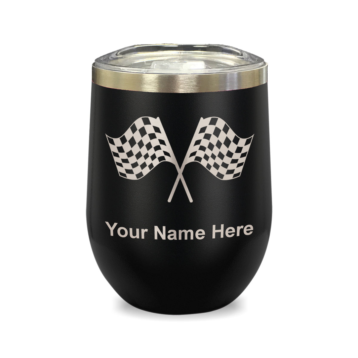 LaserGram Double Wall Stainless Steel Wine Glass, Racing Flags, Personalized Engraving Included