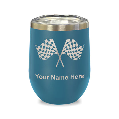 LaserGram Double Wall Stainless Steel Wine Glass, Racing Flags, Personalized Engraving Included