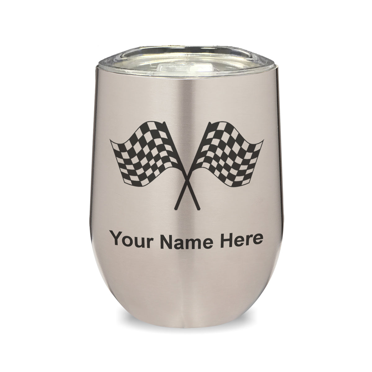 LaserGram Double Wall Stainless Steel Wine Glass, Racing Flags, Personalized Engraving Included