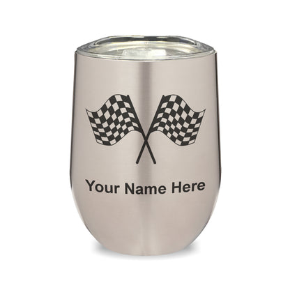 LaserGram Double Wall Stainless Steel Wine Glass, Racing Flags, Personalized Engraving Included