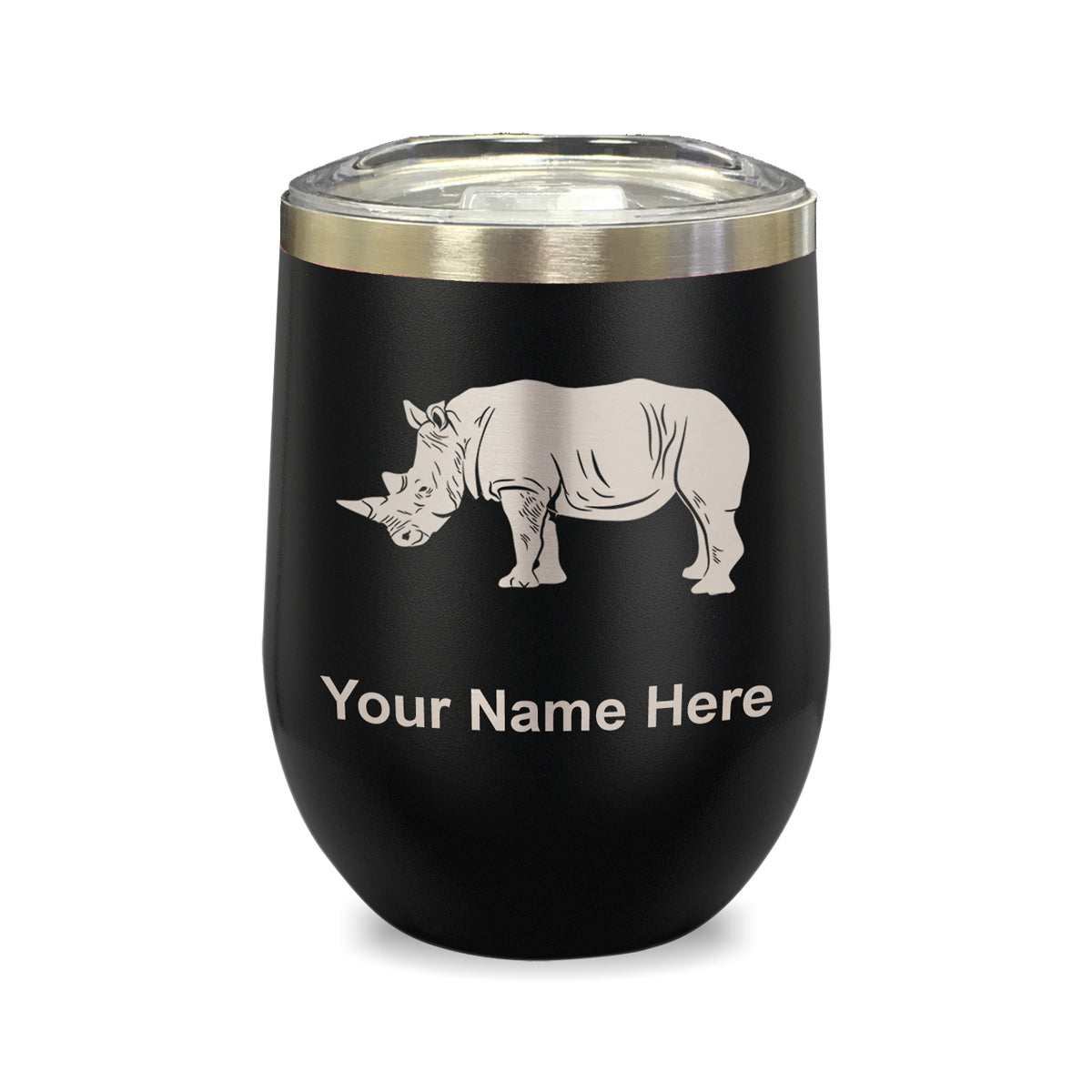 LaserGram Double Wall Stainless Steel Wine Glass, Rhinoceros, Personalized Engraving Included