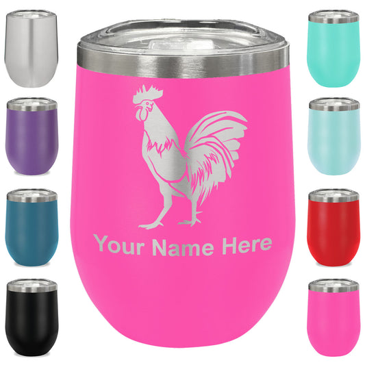 LaserGram Double Wall Stainless Steel Wine Glass, Rooster, Personalized Engraving Included