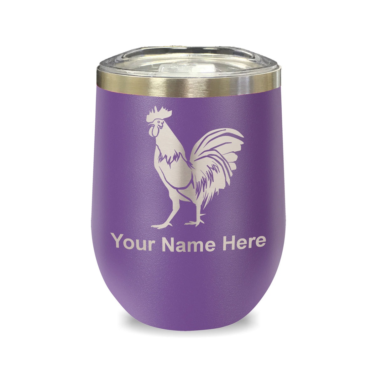 LaserGram Double Wall Stainless Steel Wine Glass, Rooster, Personalized Engraving Included