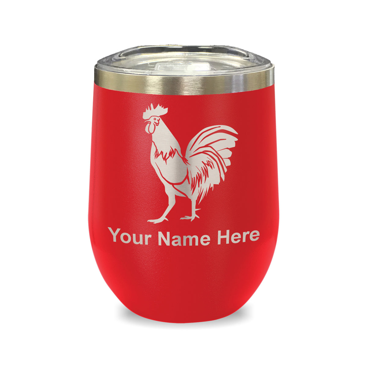 LaserGram Double Wall Stainless Steel Wine Glass, Rooster, Personalized Engraving Included