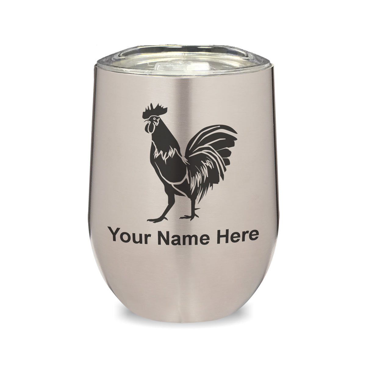 LaserGram Double Wall Stainless Steel Wine Glass, Rooster, Personalized Engraving Included