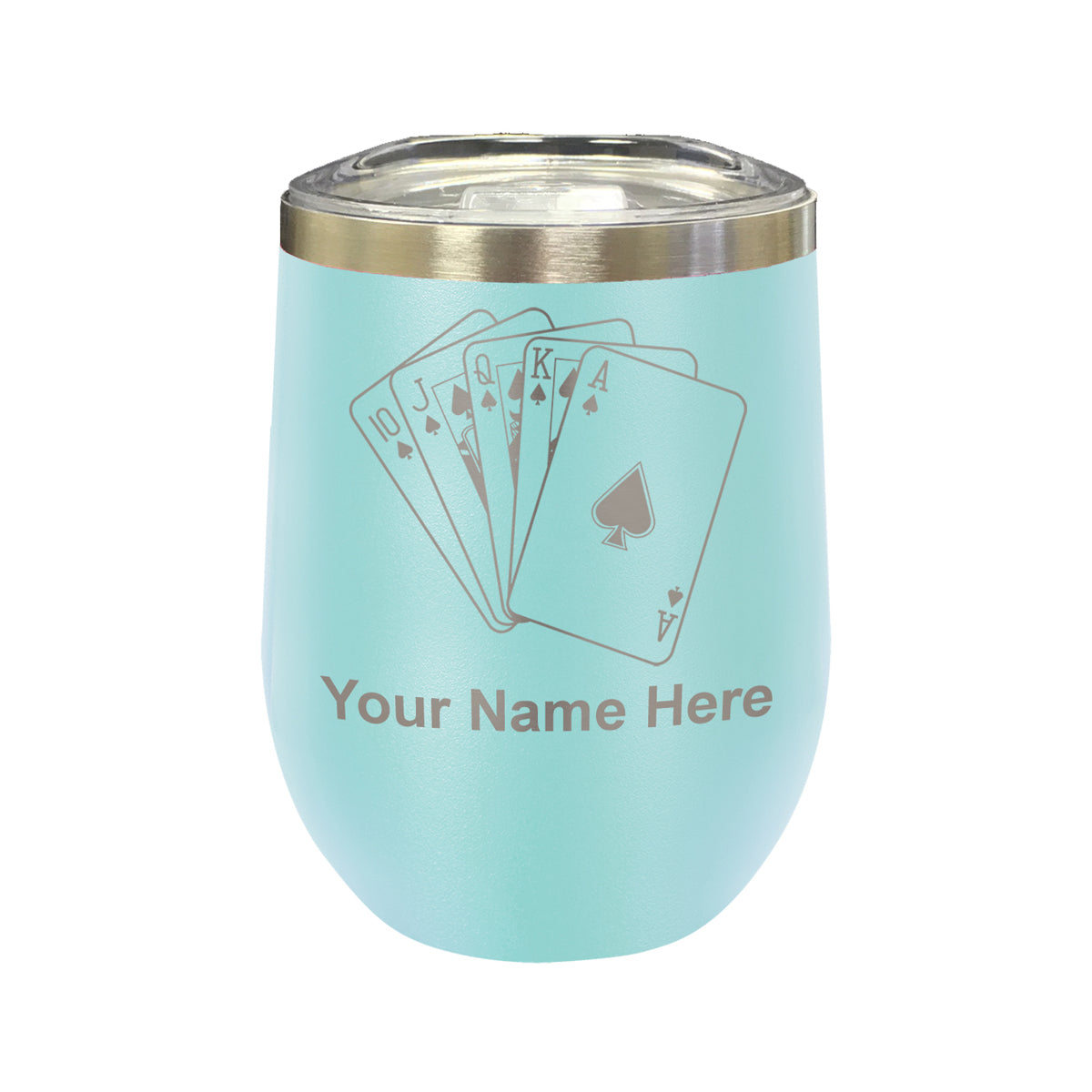 LaserGram Double Wall Stainless Steel Wine Glass, Royal Flush Poker Cards, Personalized Engraving Included