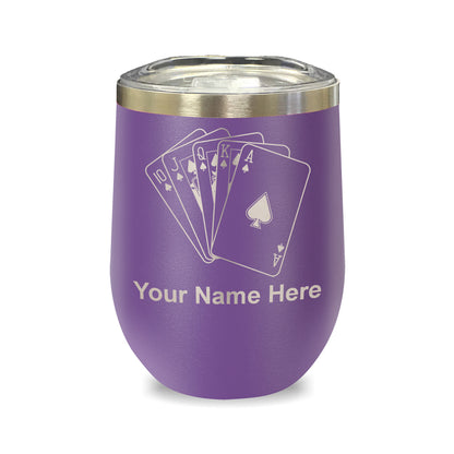 LaserGram Double Wall Stainless Steel Wine Glass, Royal Flush Poker Cards, Personalized Engraving Included