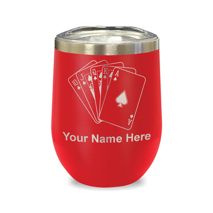 LaserGram Double Wall Stainless Steel Wine Glass, Royal Flush Poker Cards, Personalized Engraving Included