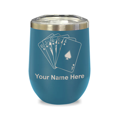 LaserGram Double Wall Stainless Steel Wine Glass, Royal Flush Poker Cards, Personalized Engraving Included