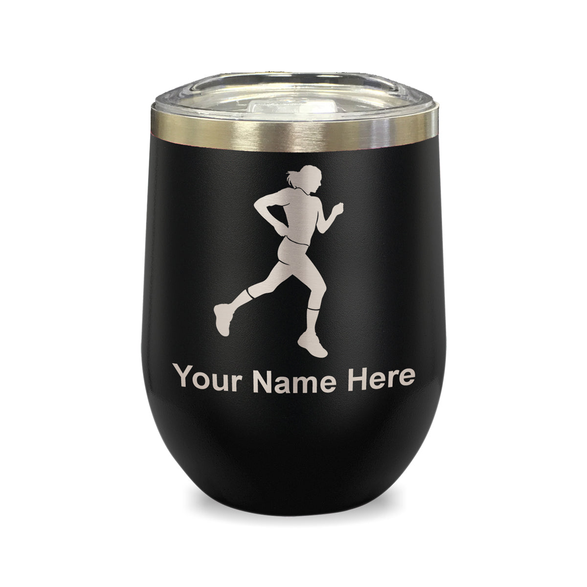 LaserGram Double Wall Stainless Steel Wine Glass, Running Woman, Personalized Engraving Included