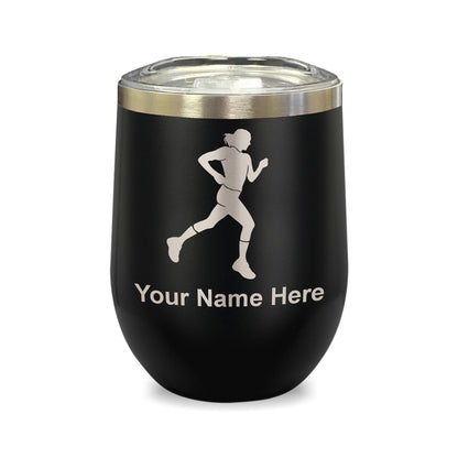 LaserGram Double Wall Stainless Steel Wine Glass, Running Woman, Personalized Engraving Included