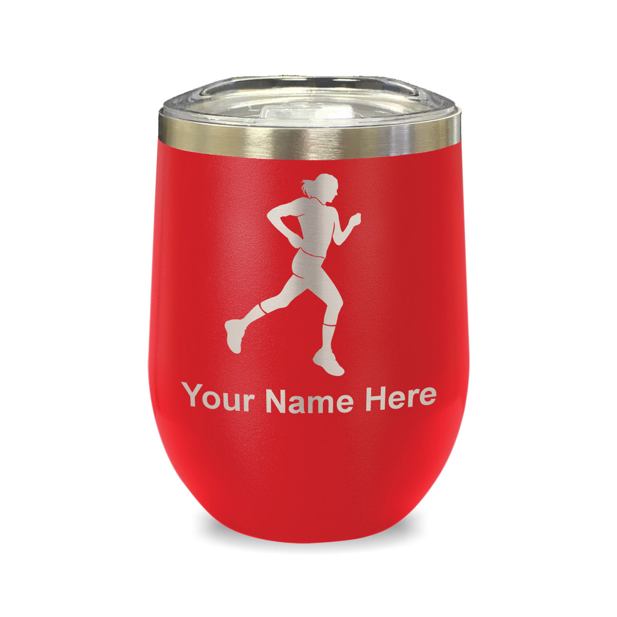 LaserGram Double Wall Stainless Steel Wine Glass, Running Woman, Personalized Engraving Included