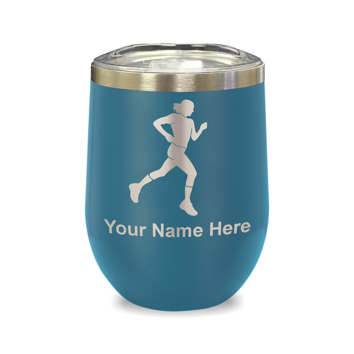 LaserGram Double Wall Stainless Steel Wine Glass, Running Woman, Personalized Engraving Included