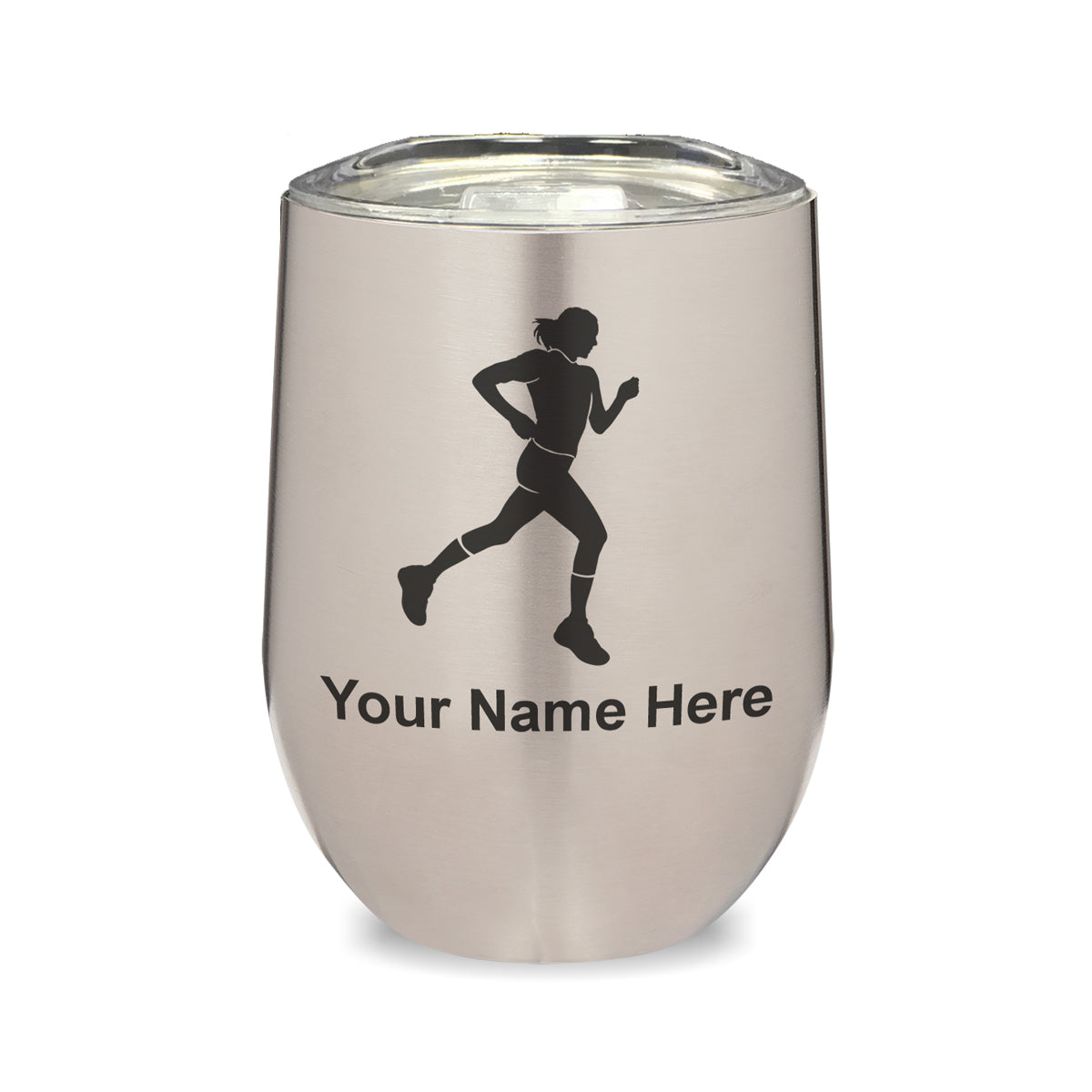 LaserGram Double Wall Stainless Steel Wine Glass, Running Woman, Personalized Engraving Included