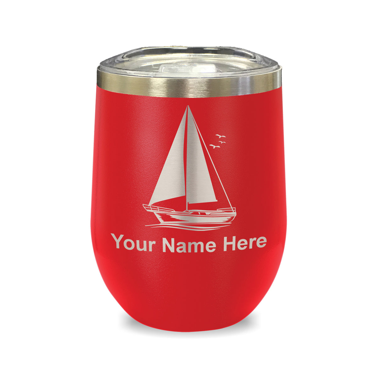 LaserGram Double Wall Stainless Steel Wine Glass, Sailboat, Personalized Engraving Included