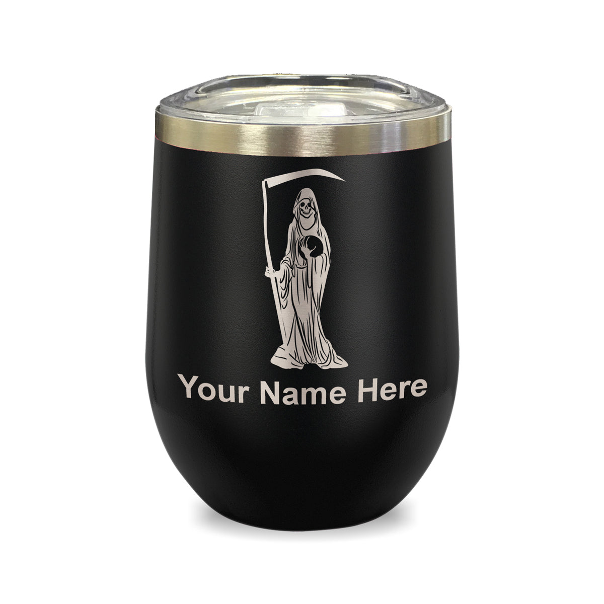 LaserGram Double Wall Stainless Steel Wine Glass, Santa Muerte, Personalized Engraving Included