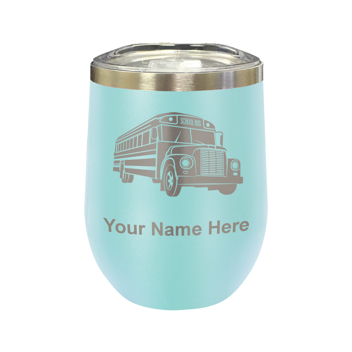 LaserGram Double Wall Stainless Steel Wine Glass, School Bus, Personalized Engraving Included