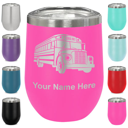 LaserGram Double Wall Stainless Steel Wine Glass, School Bus, Personalized Engraving Included