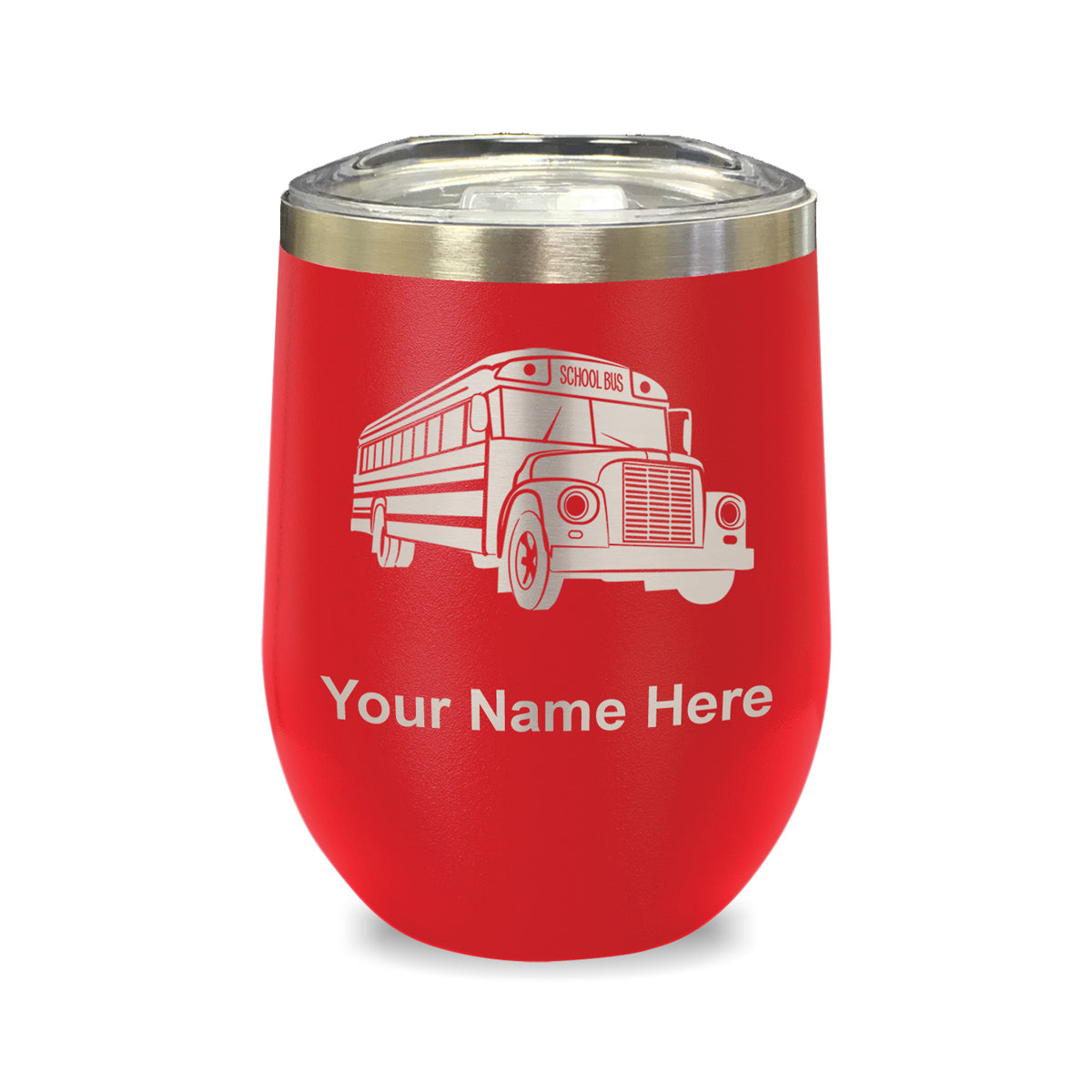 LaserGram Double Wall Stainless Steel Wine Glass, School Bus, Personalized Engraving Included