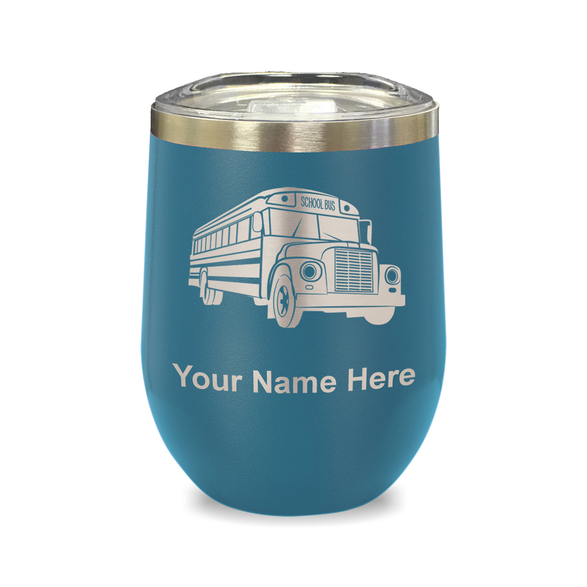 LaserGram Double Wall Stainless Steel Wine Glass, School Bus, Personalized Engraving Included