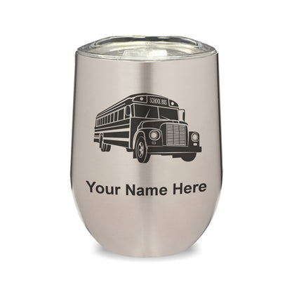 LaserGram Double Wall Stainless Steel Wine Glass, School Bus, Personalized Engraving Included