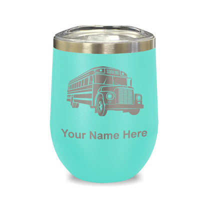 LaserGram Double Wall Stainless Steel Wine Glass, School Bus, Personalized Engraving Included