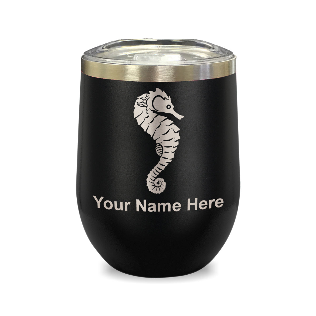 LaserGram Double Wall Stainless Steel Wine Glass, Seahorse, Personalized Engraving Included