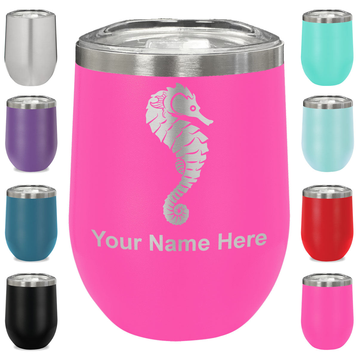 LaserGram Double Wall Stainless Steel Wine Glass, Seahorse, Personalized Engraving Included