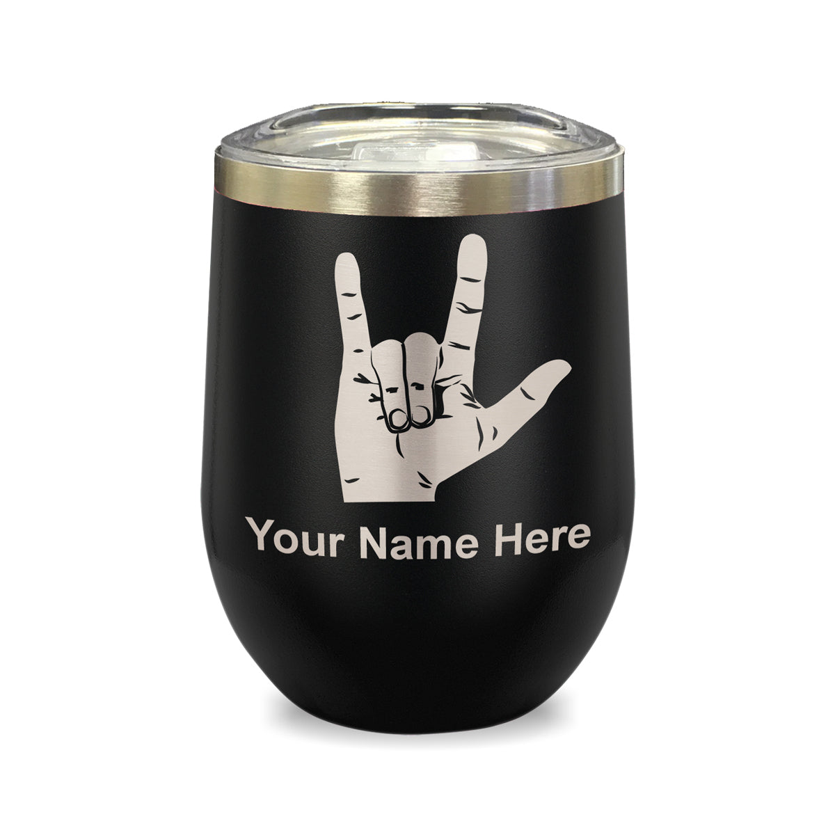 LaserGram Double Wall Stainless Steel Wine Glass, Sign Language I Love You, Personalized Engraving Included