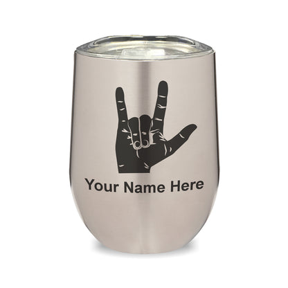 LaserGram Double Wall Stainless Steel Wine Glass, Sign Language I Love You, Personalized Engraving Included