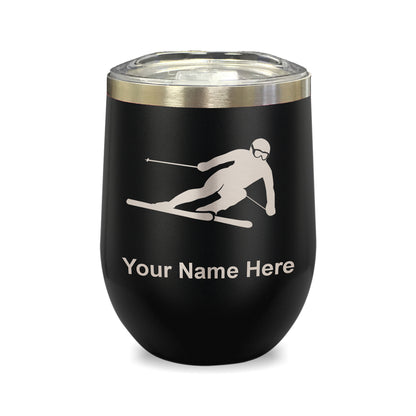 LaserGram Double Wall Stainless Steel Wine Glass, Skier Downhill, Personalized Engraving Included