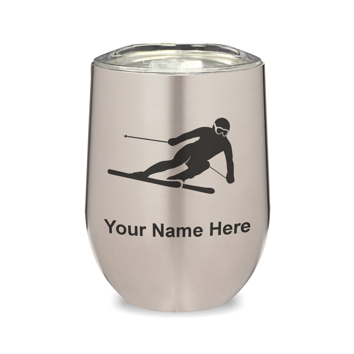 LaserGram Double Wall Stainless Steel Wine Glass, Skier Downhill, Personalized Engraving Included