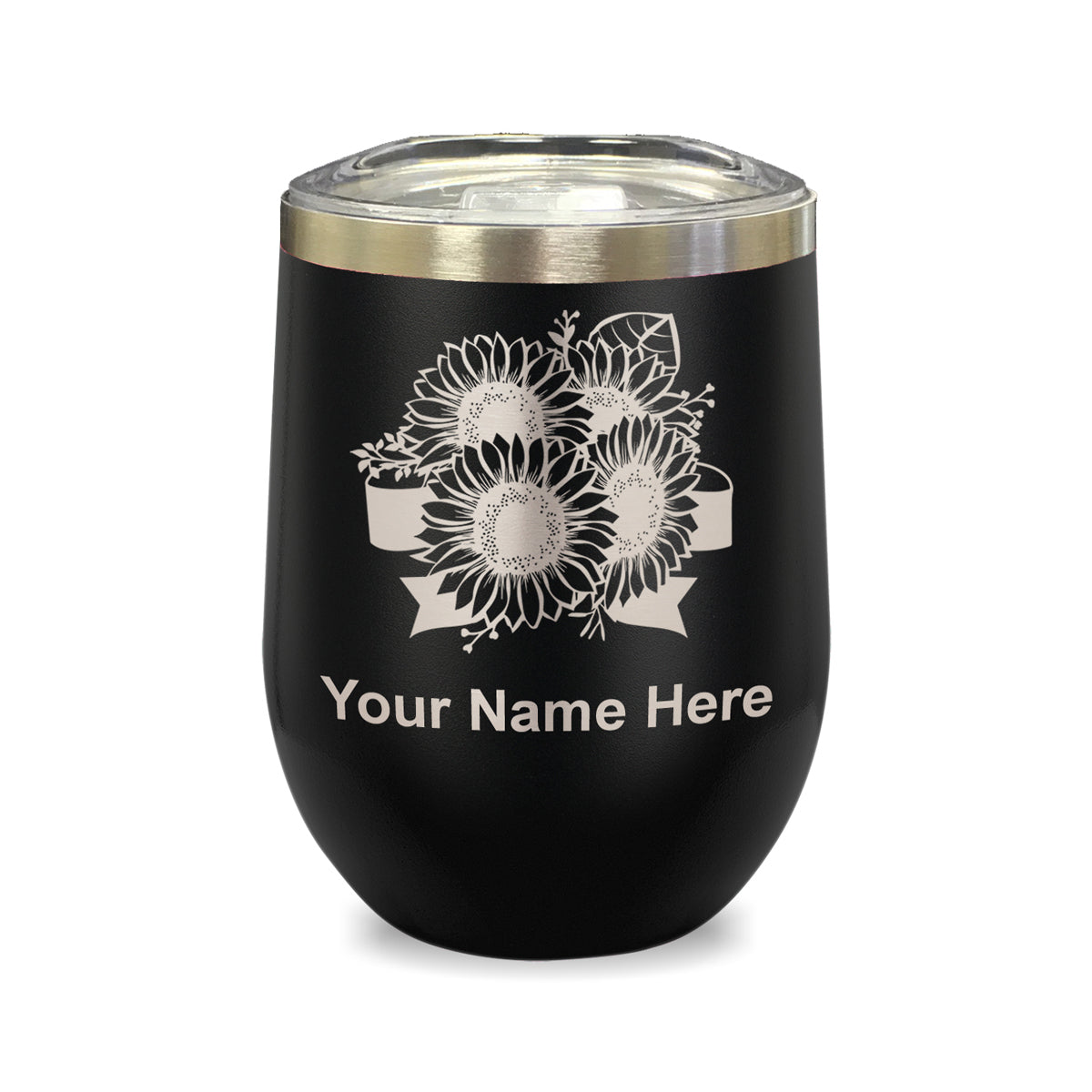 LaserGram Double Wall Stainless Steel Wine Glass, Sunflowers, Personalized Engraving Included