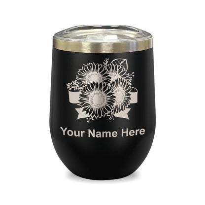 LaserGram Double Wall Stainless Steel Wine Glass, Sunflowers, Personalized Engraving Included