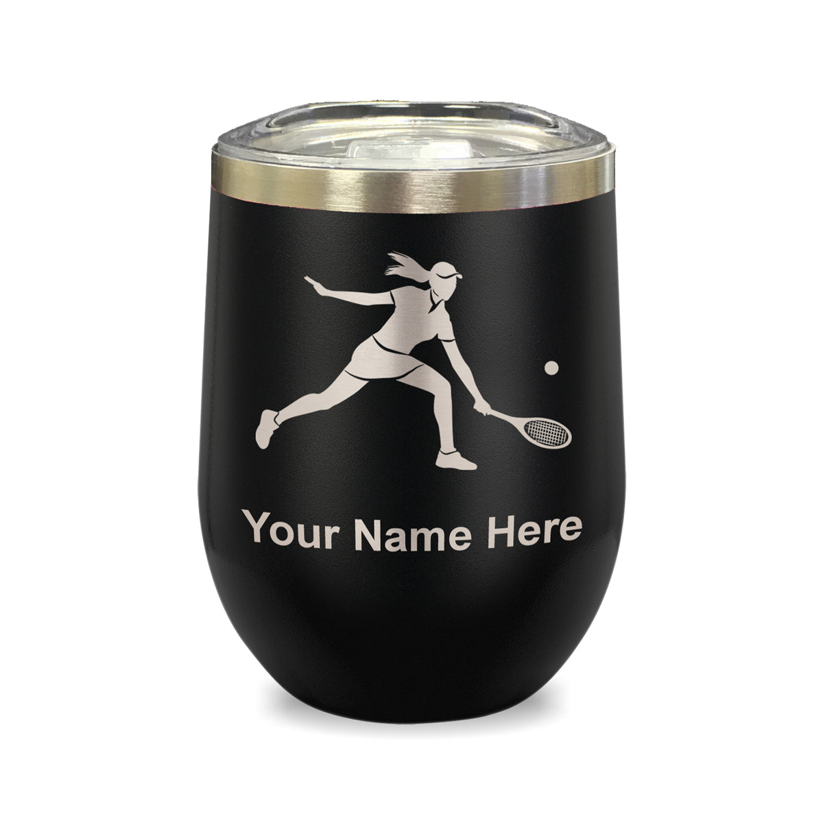 LaserGram Double Wall Stainless Steel Wine Glass, Tennis Player Woman, Personalized Engraving Included
