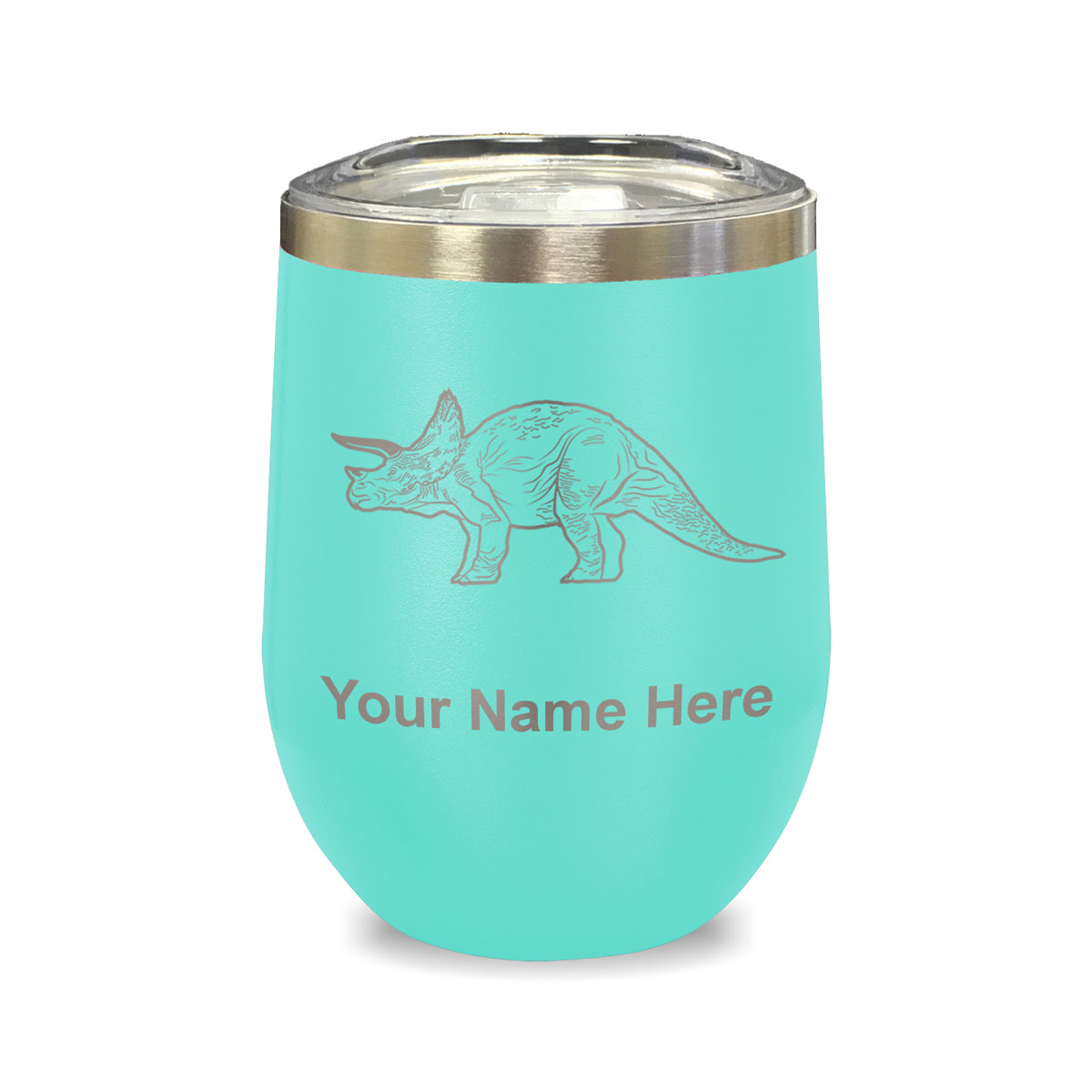 LaserGram Double Wall Stainless Steel Wine Glass, Triceratops Dinosaur, Personalized Engraving Included