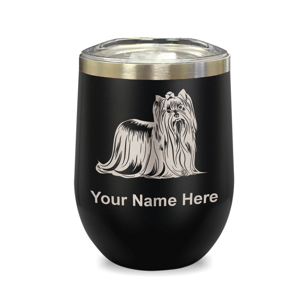 LaserGram Double Wall Stainless Steel Wine Glass, Yorkshire Terrier Dog, Personalized Engraving Included