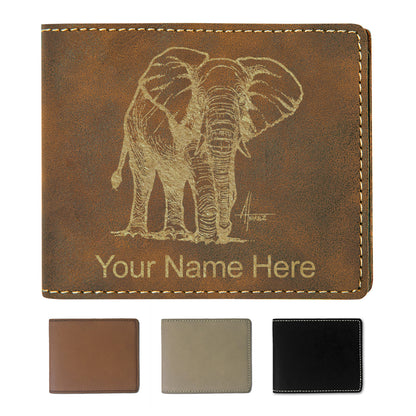 Faux Leather Bi-Fold Wallet, African Elephant, Personalized Engraving Included