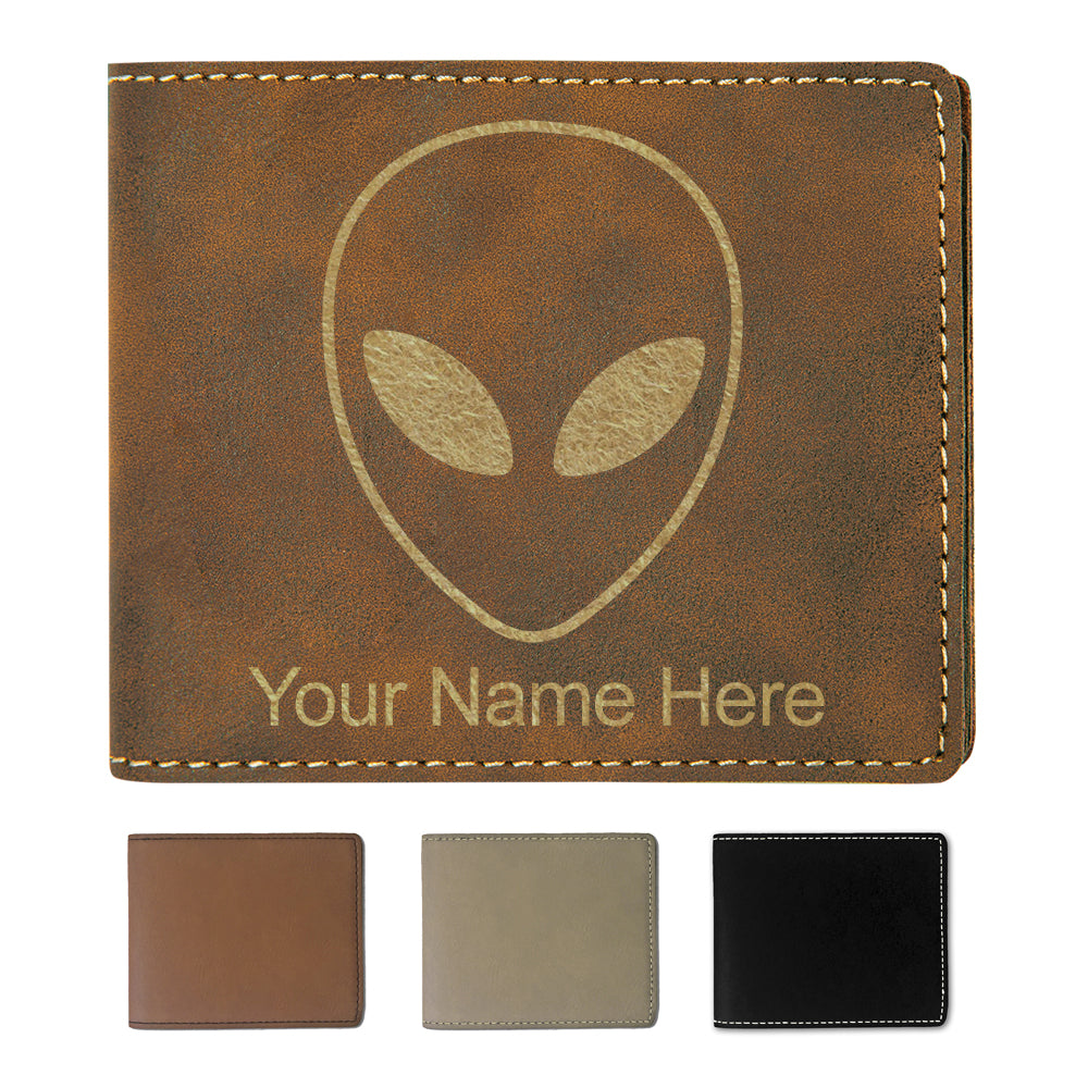 Faux Leather Bi-Fold Wallet, Alien Head, Personalized Engraving Included