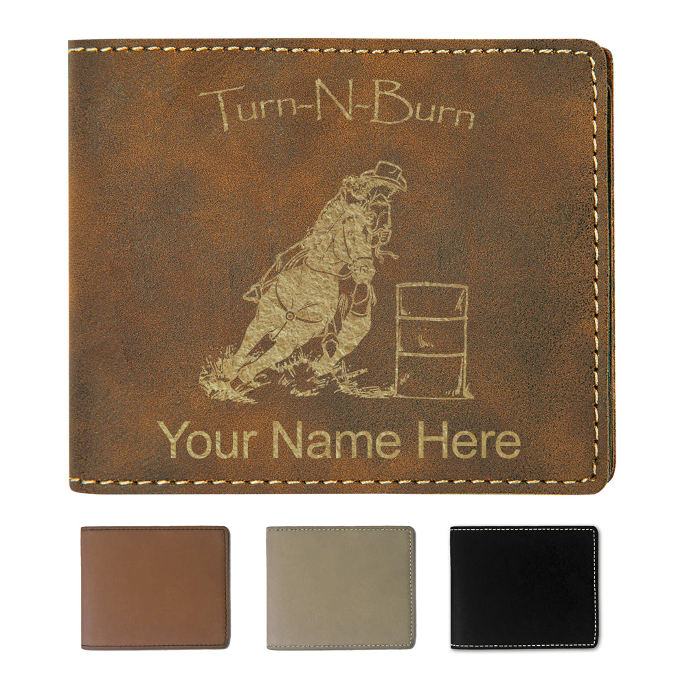 Faux Leather Bi-Fold Wallet, Barrel Racer Turn N Burn, Personalized Engraving Included
