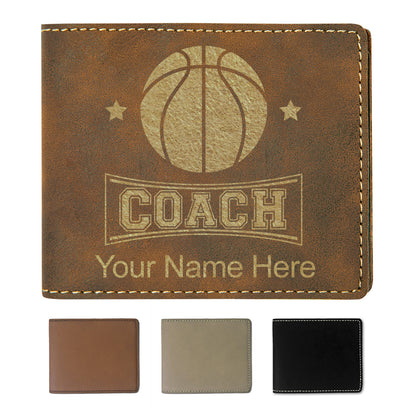 Faux Leather Bi-Fold Wallet, Basketball Coach, Personalized Engraving Included