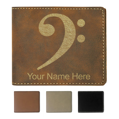 Faux Leather Bi-Fold Wallet, Bass Clef, Personalized Engraving Included