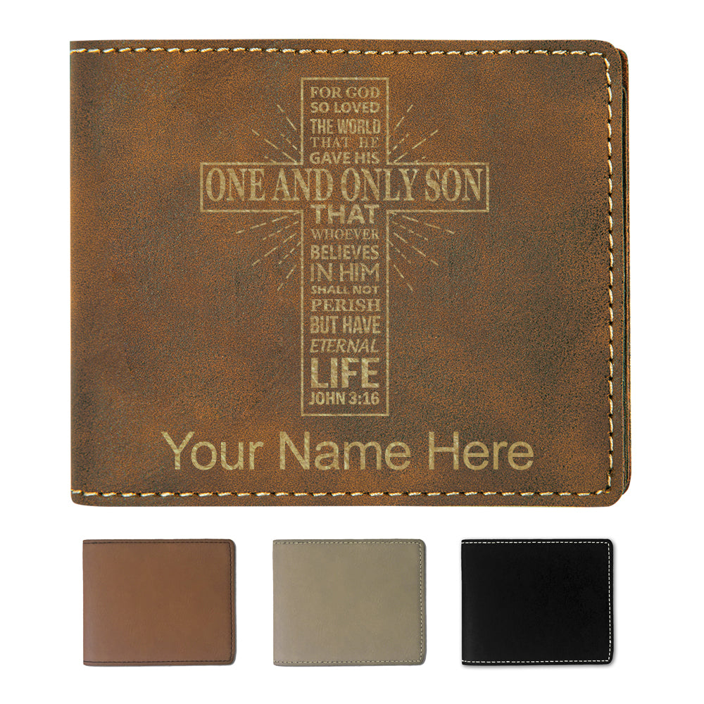 Faux Leather Bi-Fold Wallet, Bible Verse John 3-16, Personalized Engraving Included