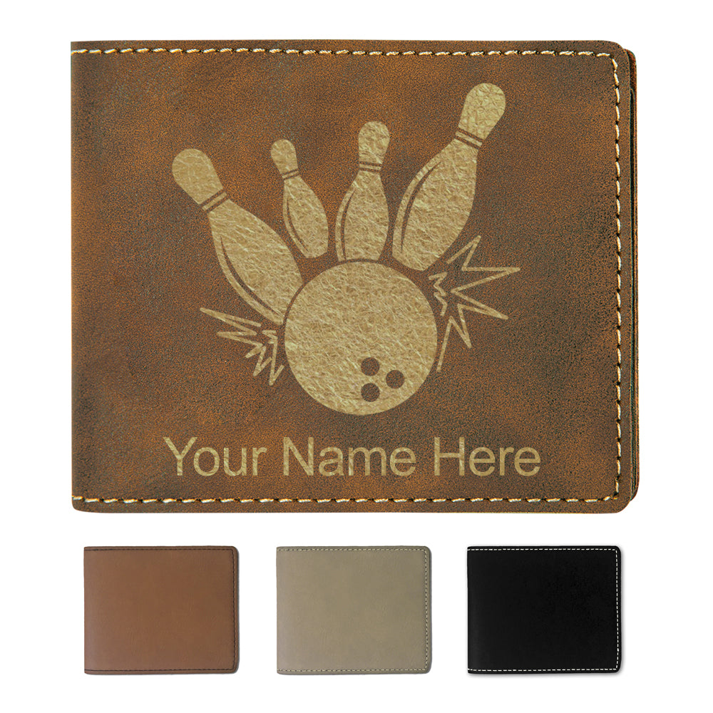 Faux Leather Bi-Fold Wallet, Bowling Ball and Pins, Personalized Engraving Included