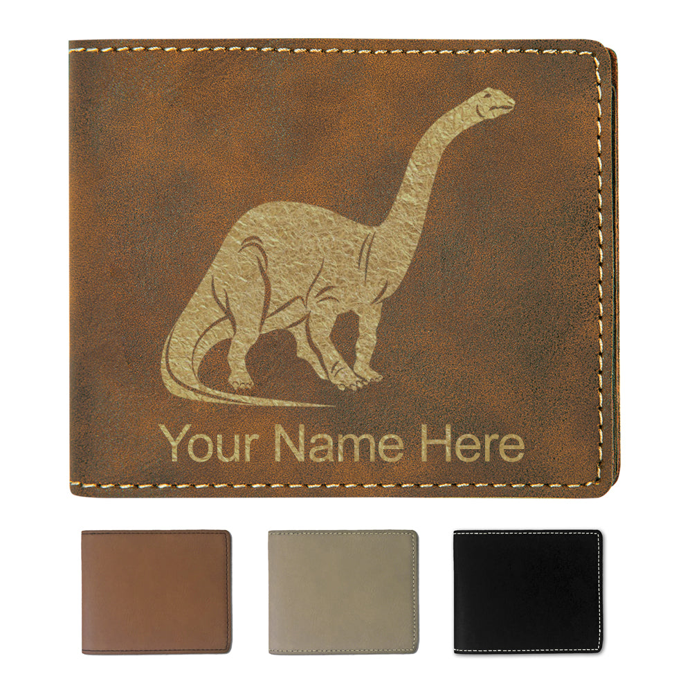 Faux Leather Bi-Fold Wallet, Brontosaurus Dinosaur, Personalized Engraving Included