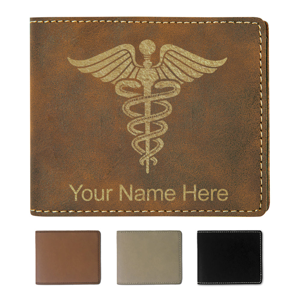 Faux Leather Bi-Fold Wallet, Caduceus Medical Symbol, Personalized Engraving Included