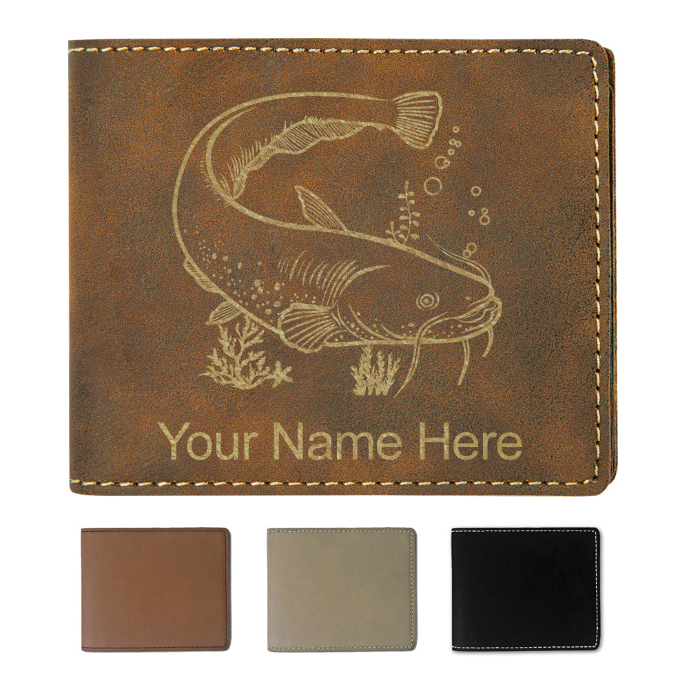 Faux Leather Bi-Fold Wallet, Catfish, Personalized Engraving Included