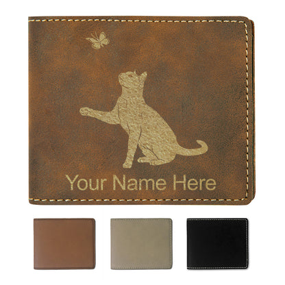 Faux Leather Bi-Fold Wallet, Cat with Butterfly, Personalized Engraving Included